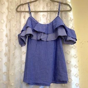 A New Day Blue Denim Pin Stripped Off The Shoulder Blouse w/ ruffles